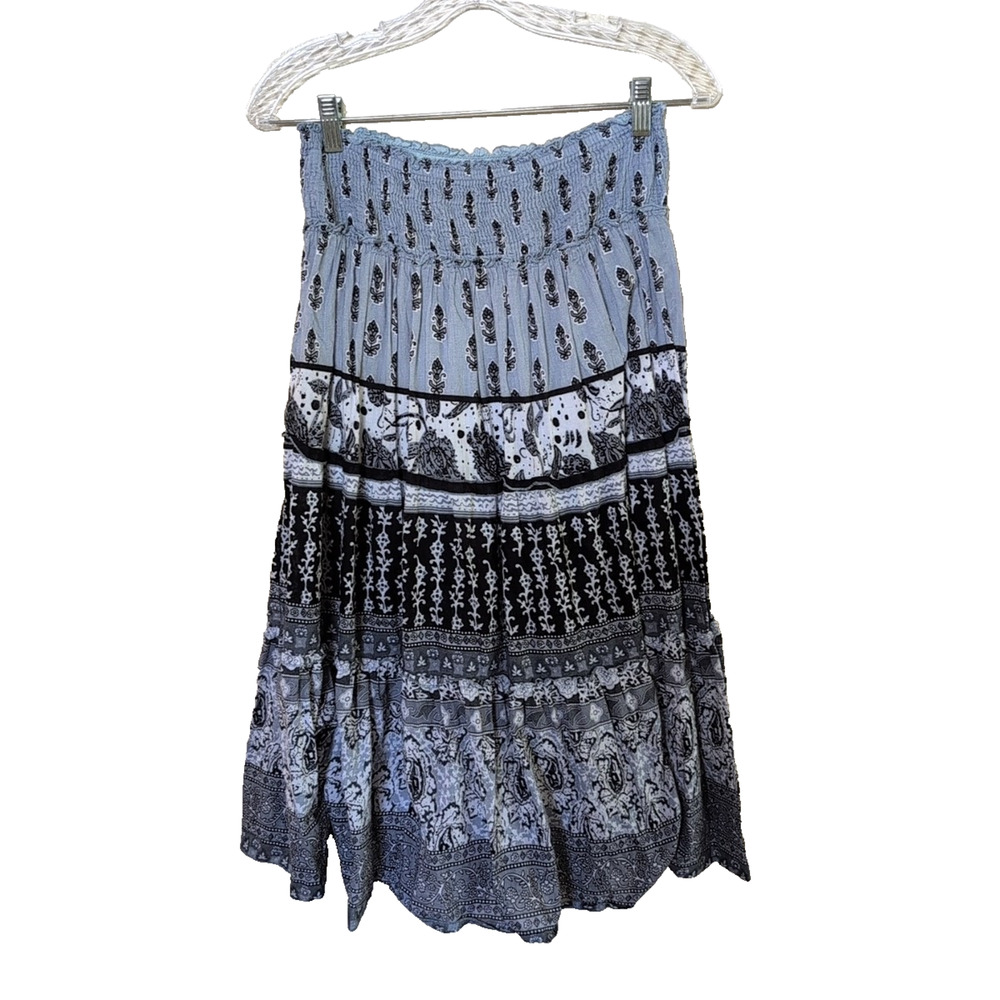 Chaudry KC Gray Print Tiered Cotton Skirt Small Peasant Festival Summer Boho